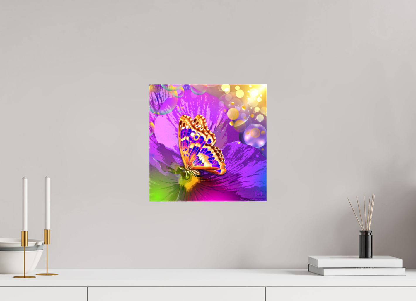 Kunstwerk: "Magische Vlinder op Bloem" Canvasprint Glanzend 3D - Evy's Bloom Art