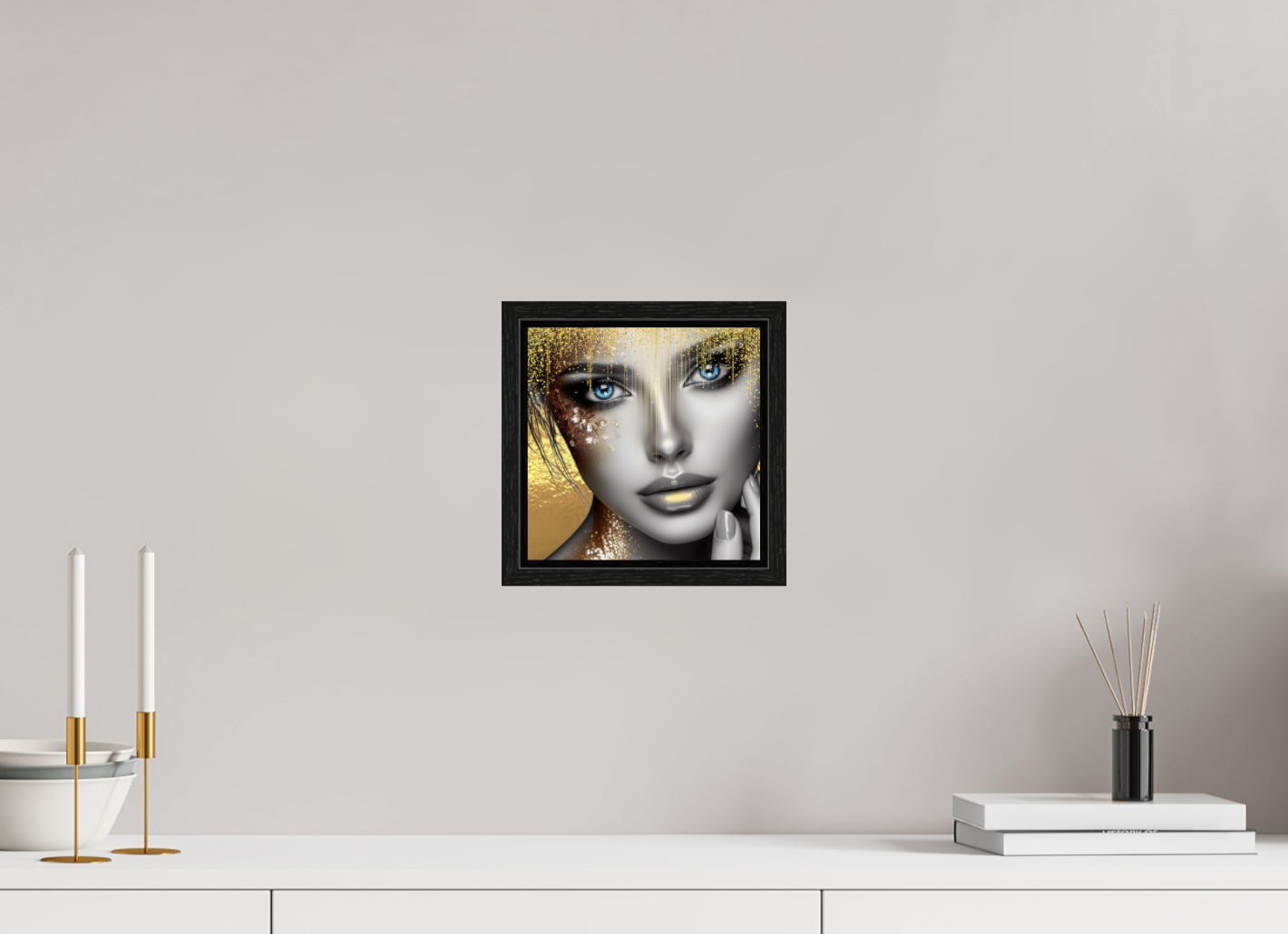 Kunstwerk: "Stralende Ogen, Gouden Glorie" op Acrylglas ingelijst - Evy's Bloom Art