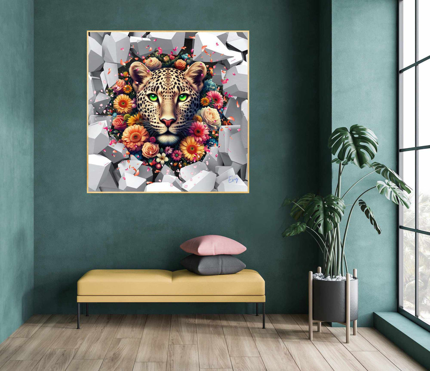 Kunstwerk: Majestic Leopard Acrylic Print - 'Breek uit de wildernis en bloei in volle glorie' - Evy's Bloom Art