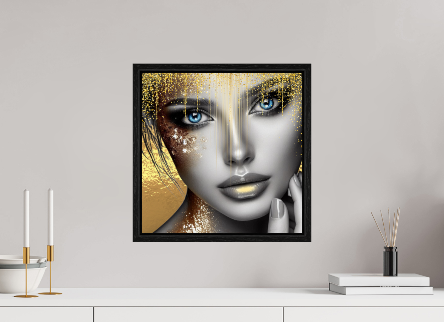 Kunstwerk: "Stralende Ogen, Gouden Glorie" op Acrylglas ingelijst - Evy's Bloom Art
