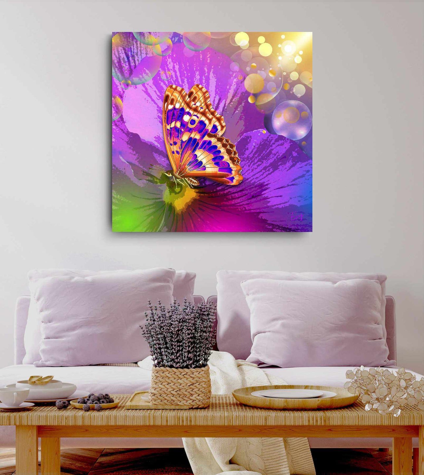 Kunstwerk: "Magische Vlinder op Bloem" Canvasprint Glanzend 3D - Evy's Bloom Art