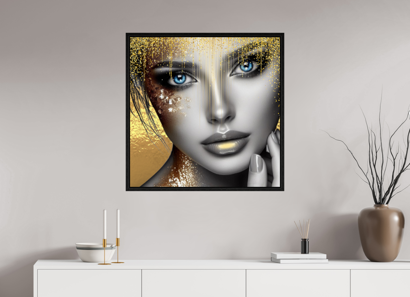 Kunstwerk: "Stralende Ogen, Gouden Glorie" op Acrylglas ingelijst - Evy's Bloom Art