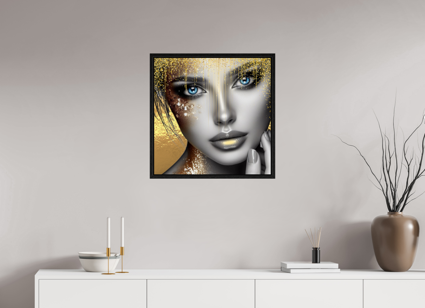 Kunstwerk: "Stralende Ogen, Gouden Glorie" op Acrylglas ingelijst - Evy's Bloom Art
