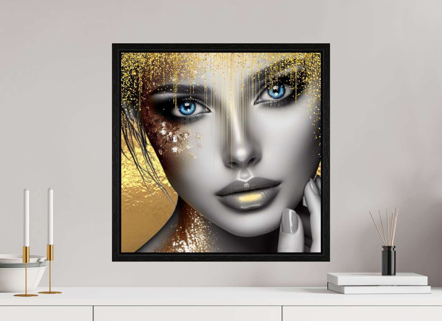 Kunstwerk: "Stralende Ogen, Gouden Glorie" op Acrylglas ingelijst - Evy's Bloom Art