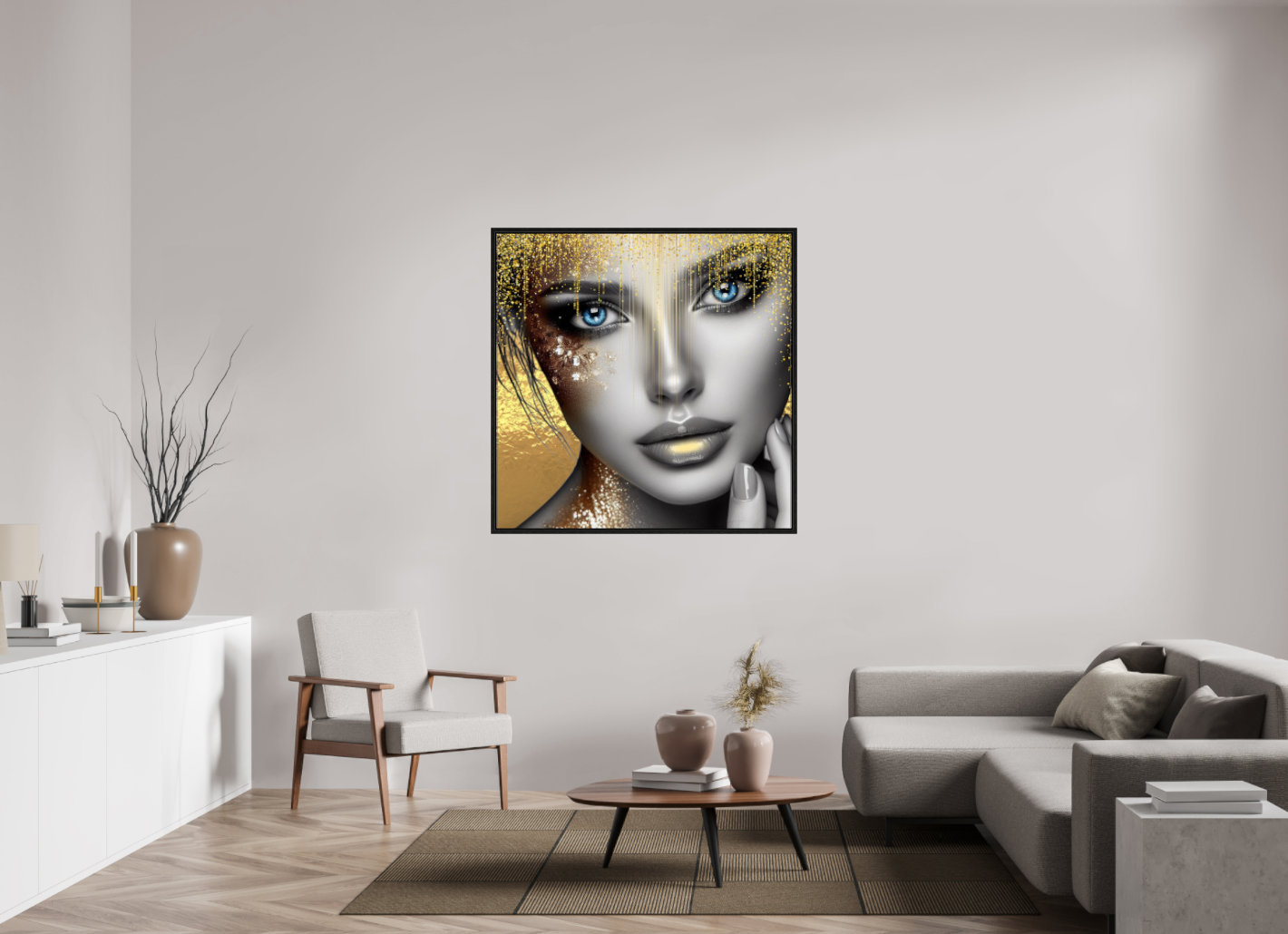 Kunstwerk: "Stralende Ogen, Gouden Glorie" op Acrylglas ingelijst - Evy's Bloom Art