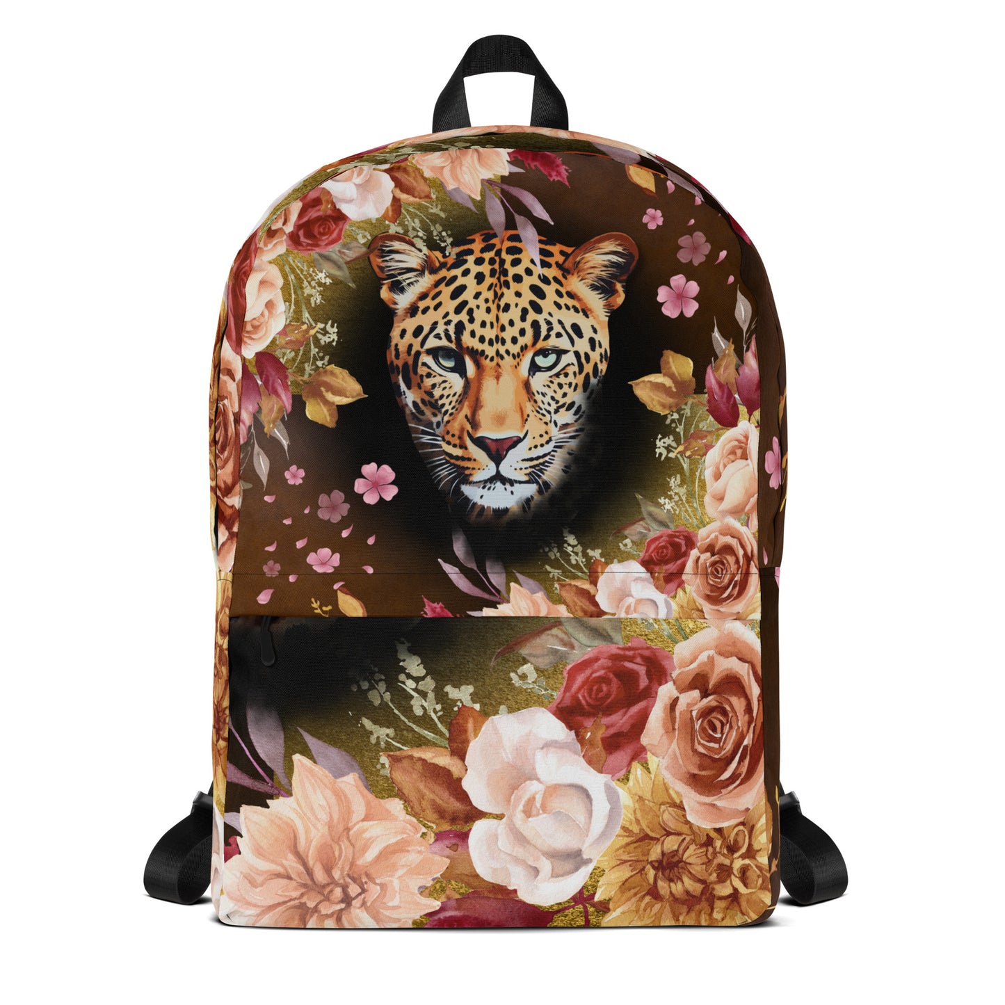 Draagtas: "Wild Bloom – Rugzak met Luipaardkop en Bloemen door Evy's Bloom Art" - Evy's Bloom Art
