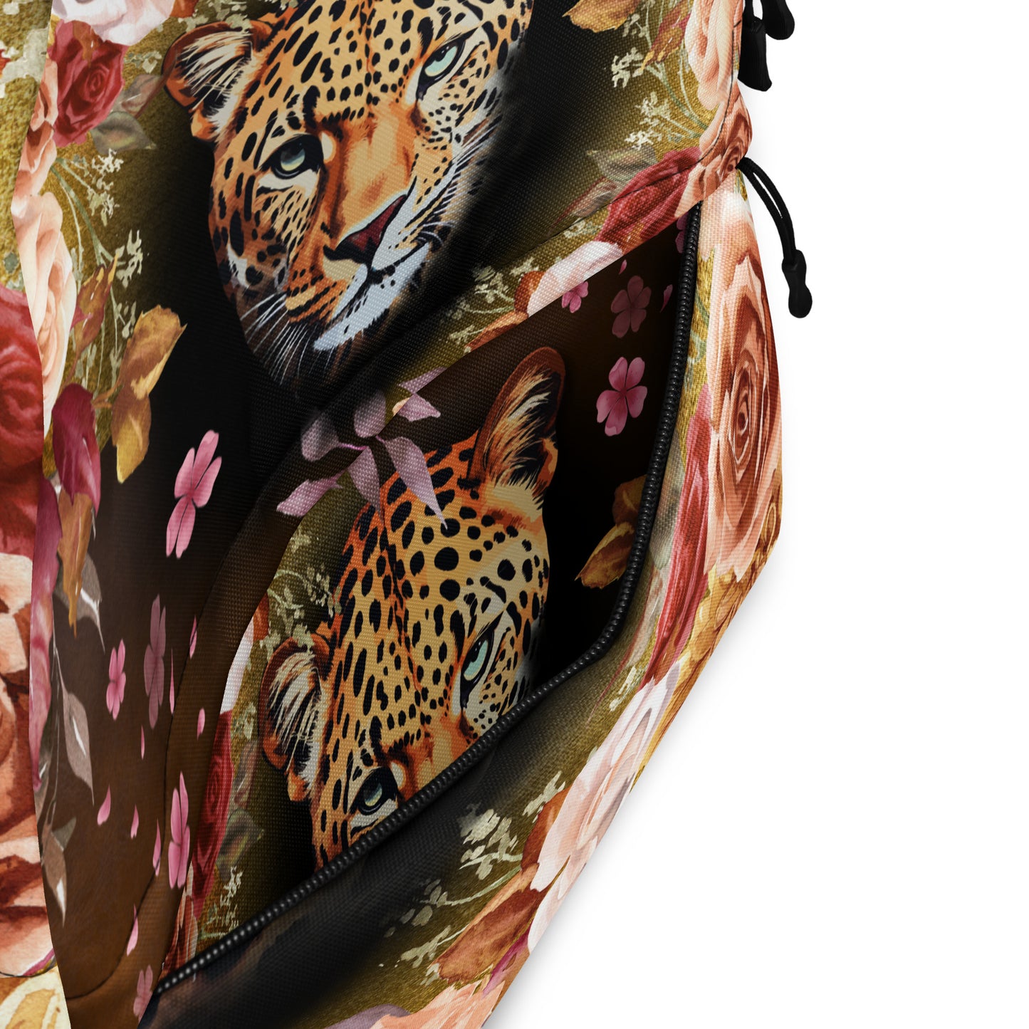 Draagtas: "Wild Bloom – Rugzak met Luipaardkop en Bloemen door Evy's Bloom Art" - Evy's Bloom Art