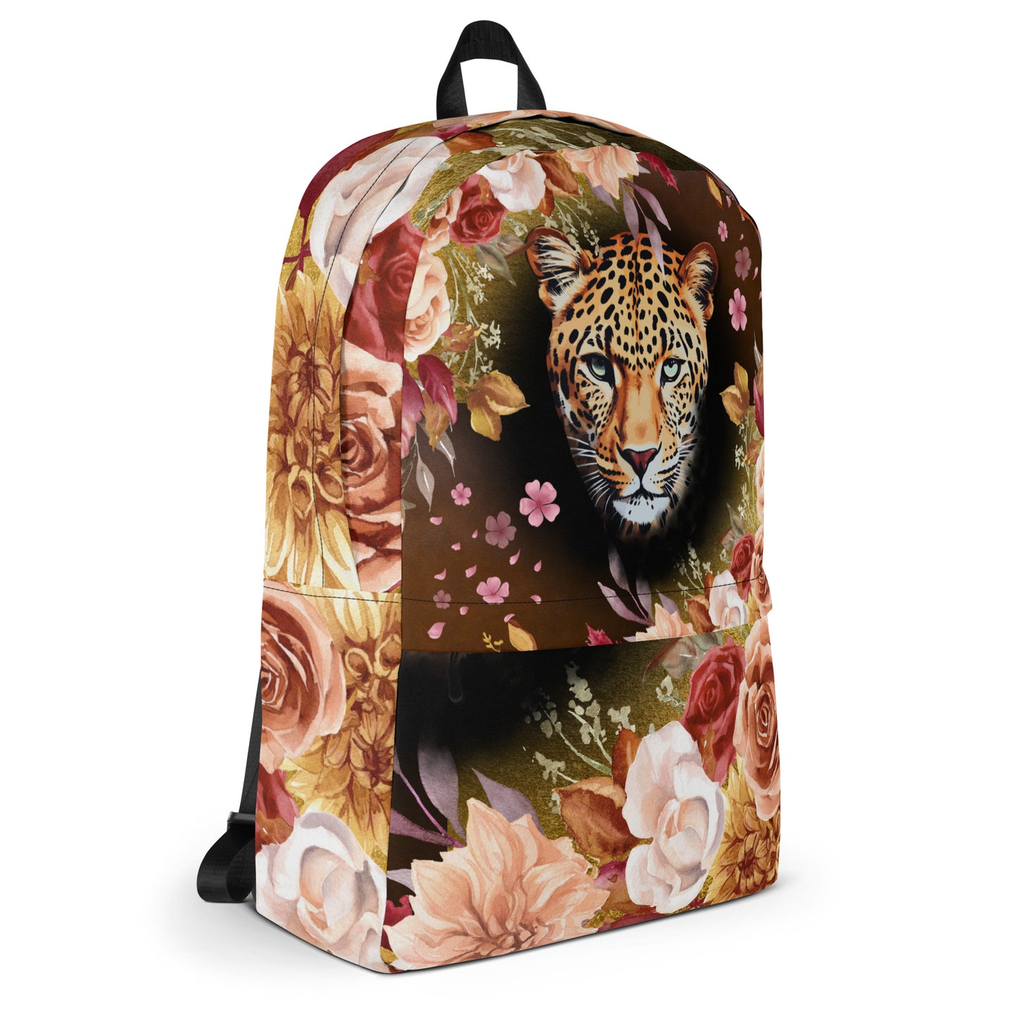 Draagtas: "Wild Bloom – Rugzak met Luipaardkop en Bloemen door Evy's Bloom Art" - Evy's Bloom Art