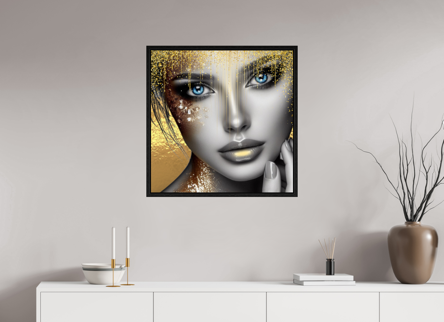 Kunstwerk: "Stralende Ogen, Gouden Glorie" op Acrylglas ingelijst - Evy's Bloom Art
