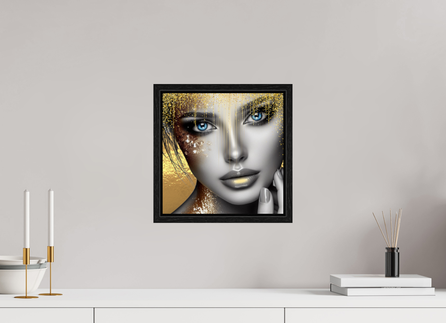 Kunstwerk: "Stralende Ogen, Gouden Glorie" op Acrylglas ingelijst - Evy's Bloom Art