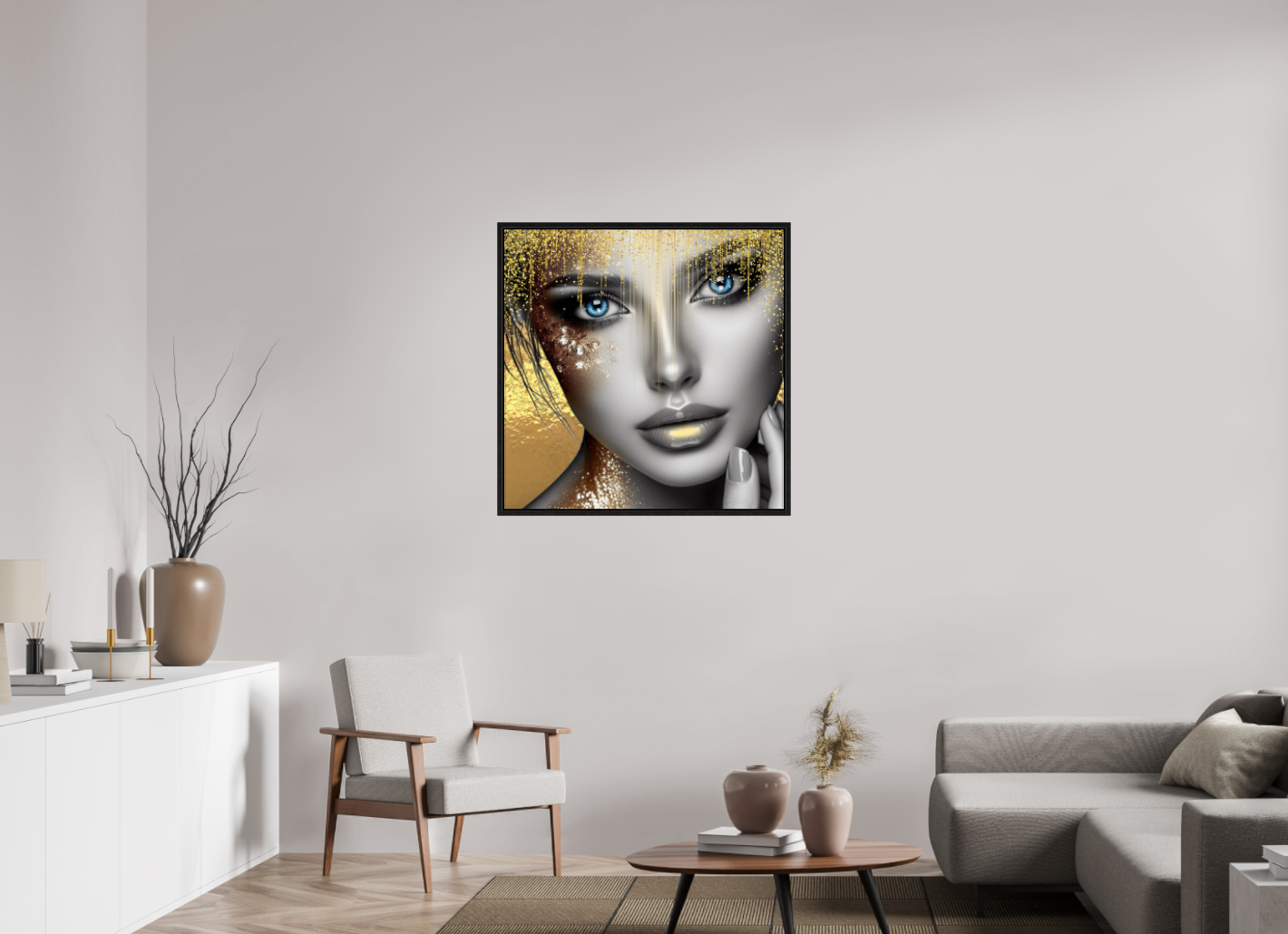 Kunstwerk: "Stralende Ogen, Gouden Glorie" op Acrylglas ingelijst - Evy's Bloom Art