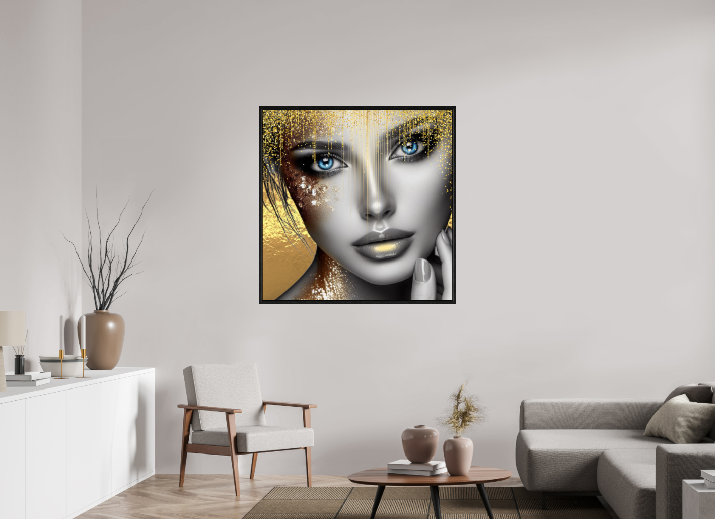 Kunstwerk: "Stralende Ogen, Gouden Glorie" op Acrylglas ingelijst - Evy's Bloom Art