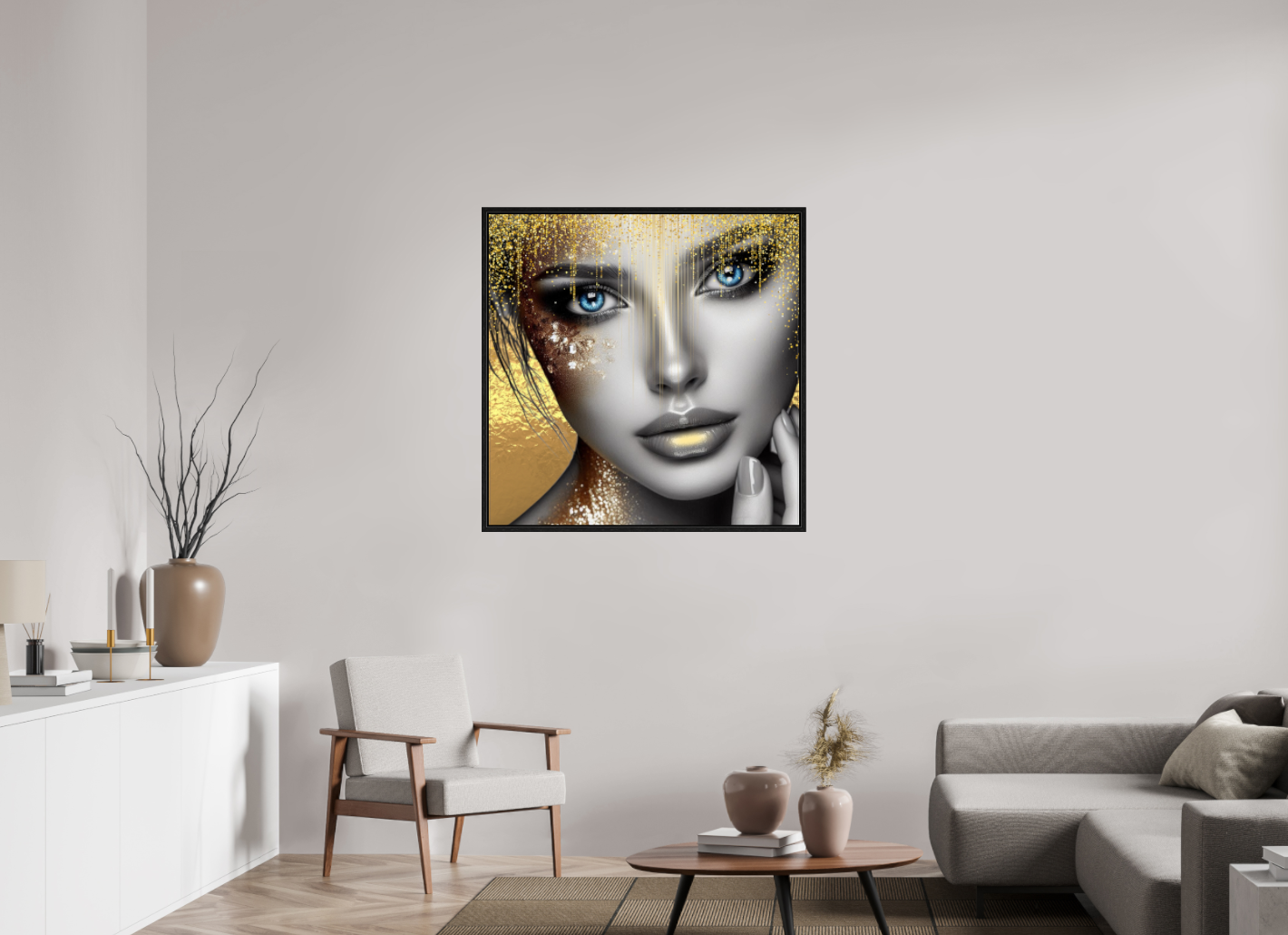 Kunstwerk: "Stralende Ogen, Gouden Glorie" op Acrylglas ingelijst - Evy's Bloom Art