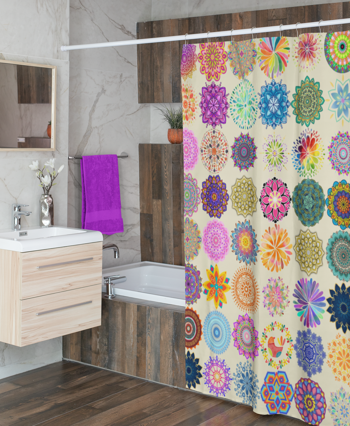 Extra aanbod: Mandala Harmonie – Uniek Douchegordijn door Evy’s Bloom Art