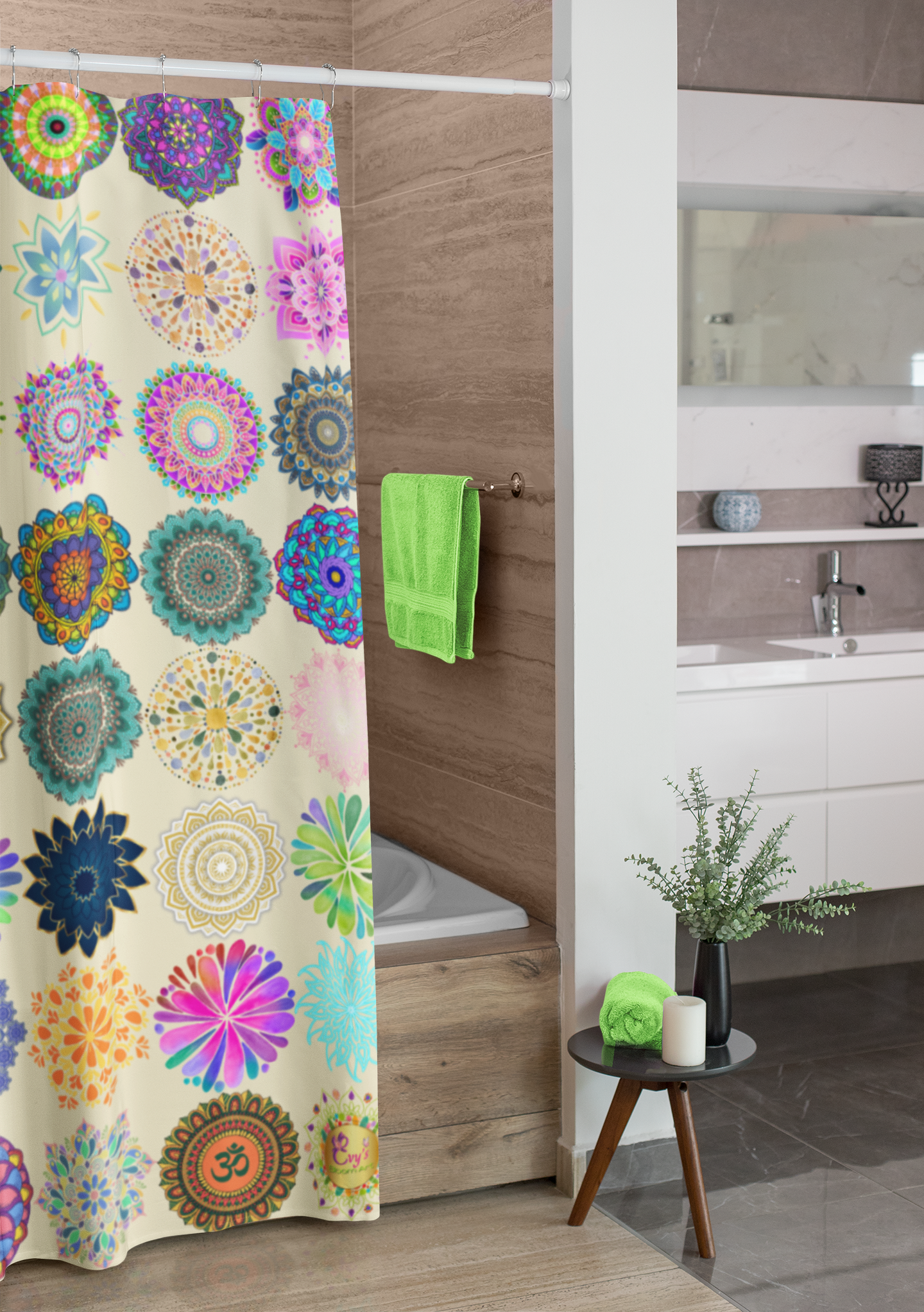 Extra aanbod: Mandala Harmonie – Uniek Douchegordijn door Evy’s Bloom Art