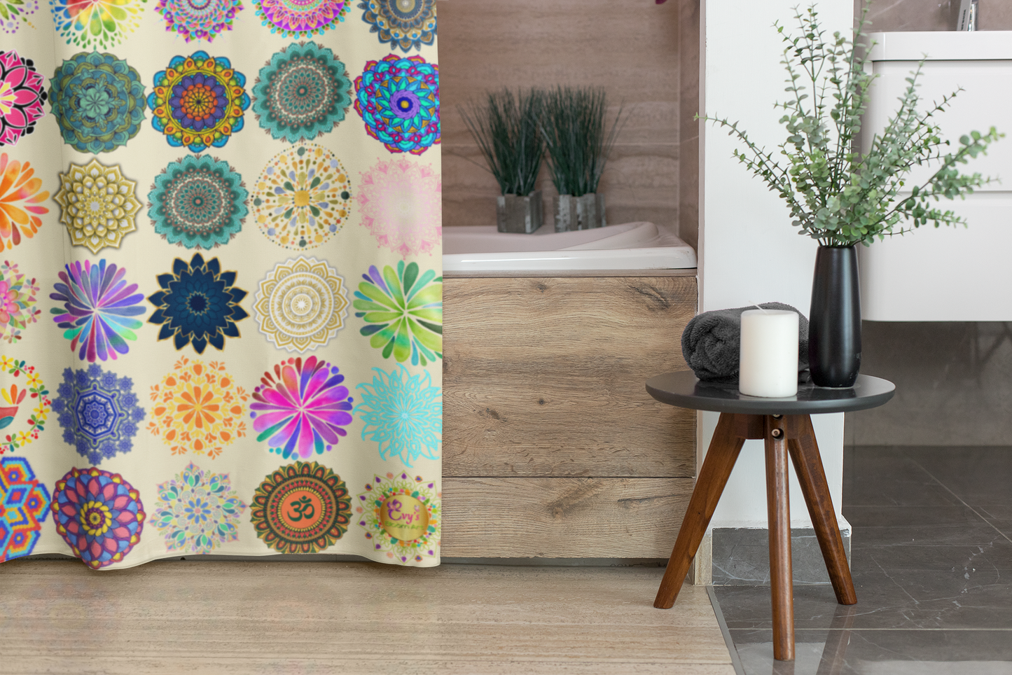 Extra aanbod: Mandala Harmonie – Uniek Douchegordijn door Evy’s Bloom Art