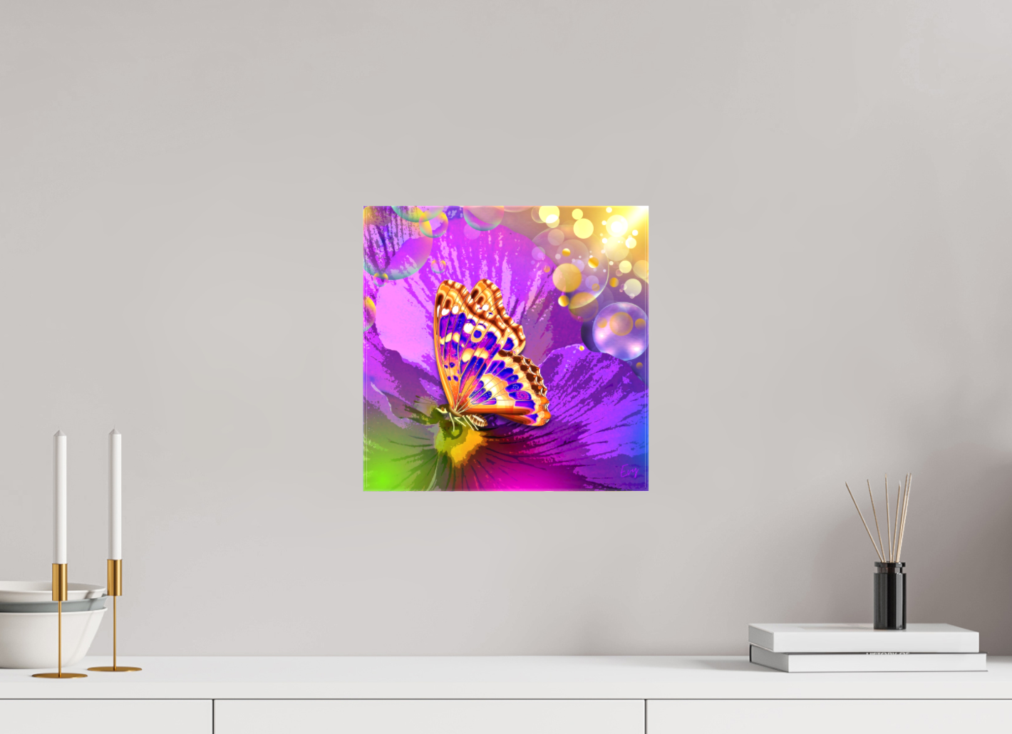 Kunstwerk: "Magische Vlinder op Bloem" Canvasprint Glanzend 3D