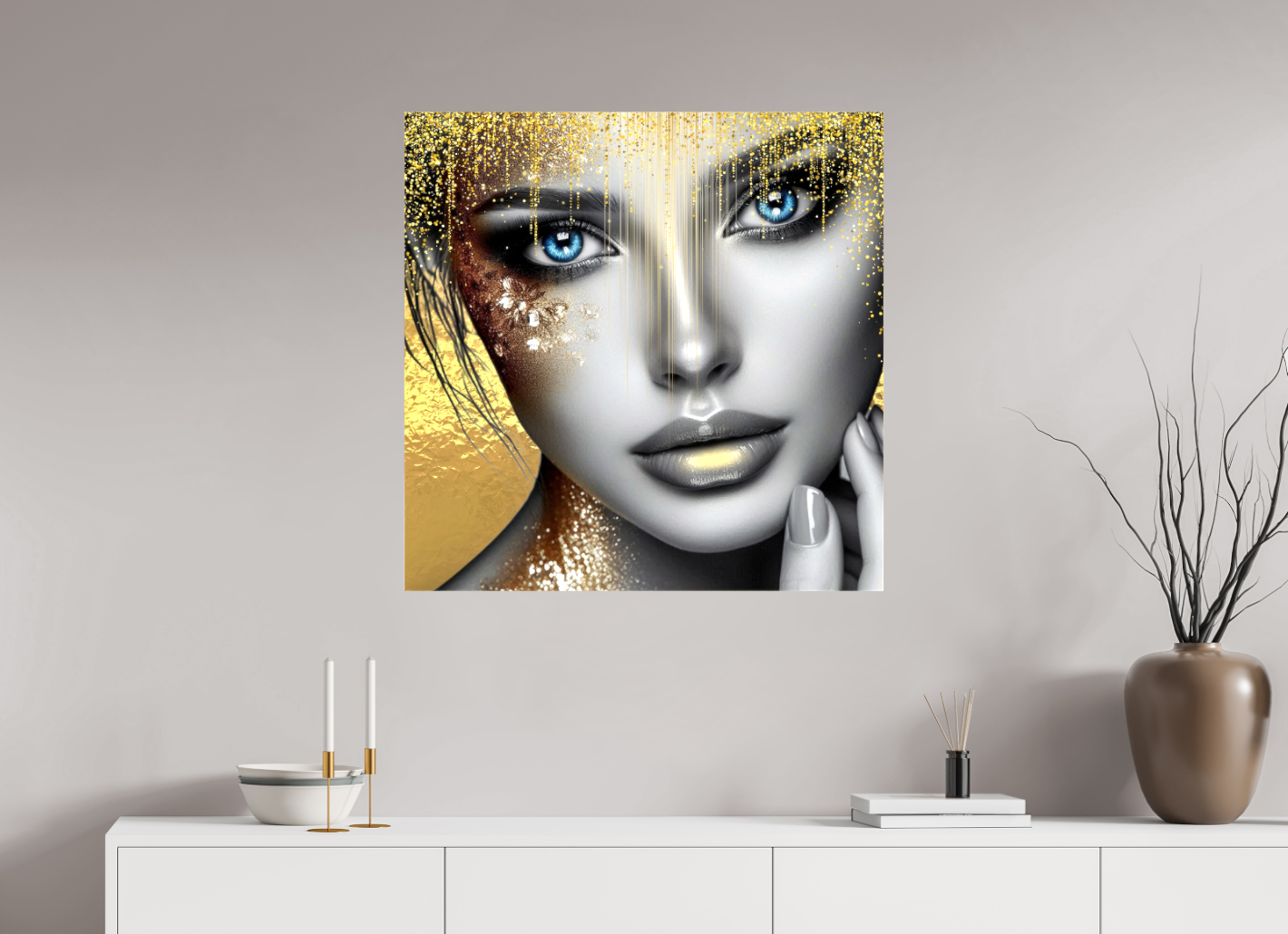 Kunstwerk: "Stralende Ogen, Gouden Glorie" Canvasprint Glanzend 3D - Evy's Bloom Art