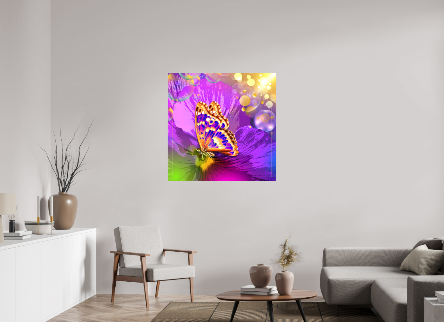 Kunstwerk: "Magische Vlinder op Bloem" Canvasprint Glanzend 3D