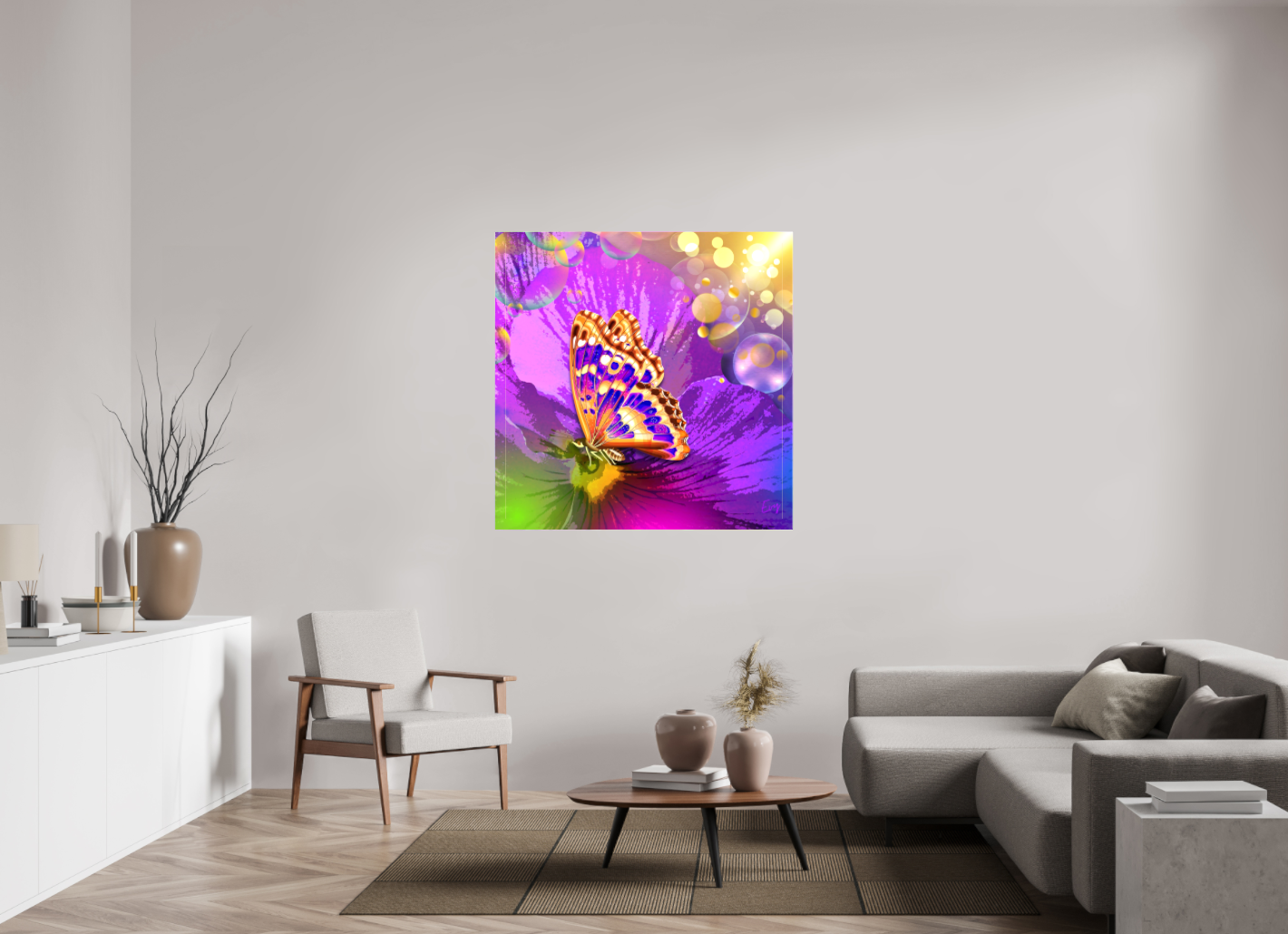 Kunstwerk: "Magische Vlinder op Bloem" Canvasprint Glanzend 3D