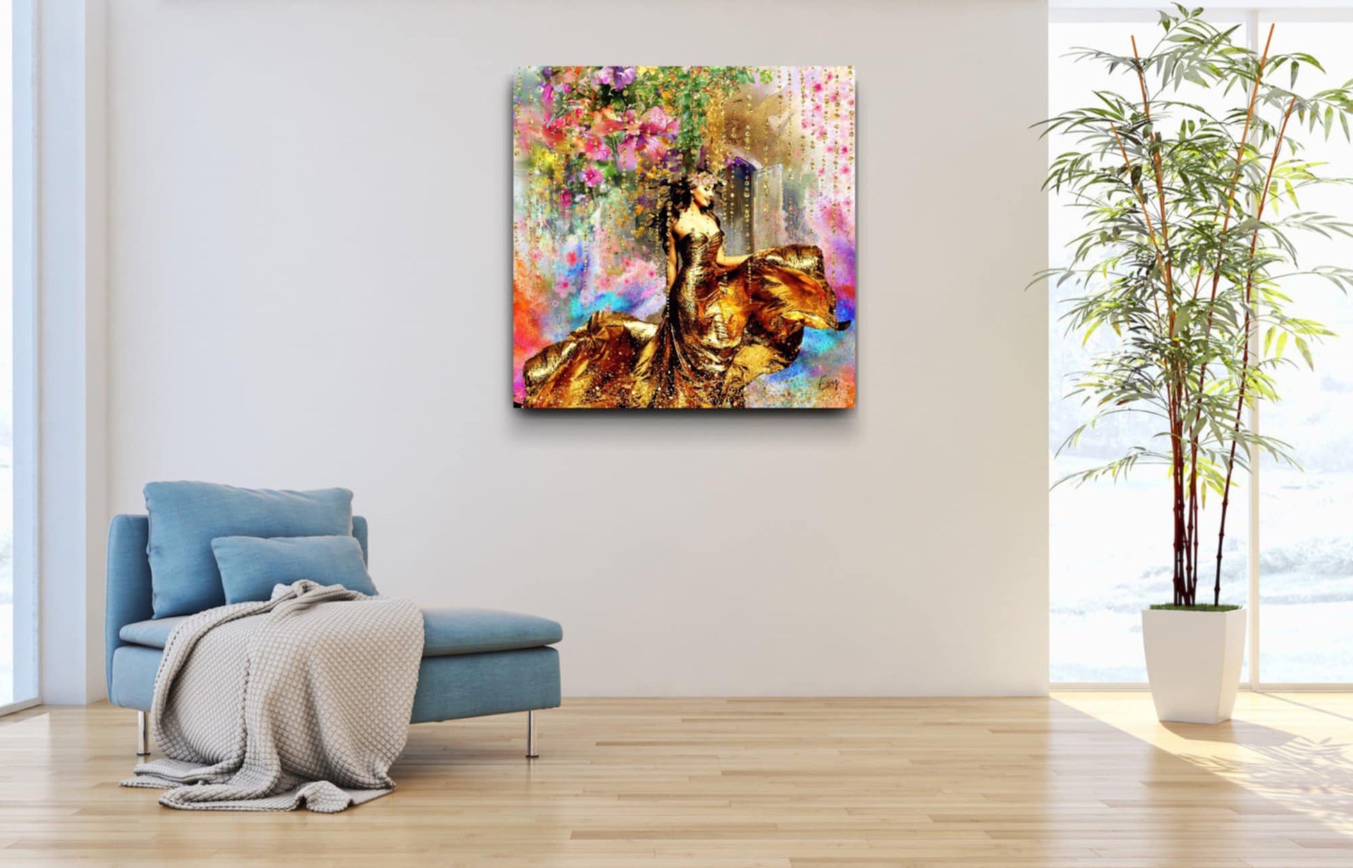 Kunstwerk: ✨ Gouden Elegantie in Bloemenpracht – Waar luxe, vrouwelijkheid en natuur samenkomen - Evy's Bloom Art