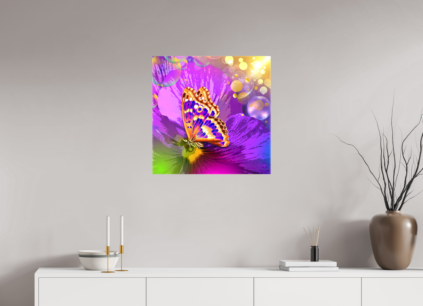 Kunstwerk: "Magische Vlinder op Bloem" Canvasprint Glanzend 3D