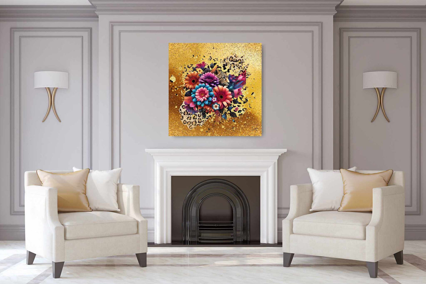 Kunstwerk: 'Bloeiende Safari' Acrylglas Print – Vibrant Floral & Leopard Design "Evy's Bloom Art"