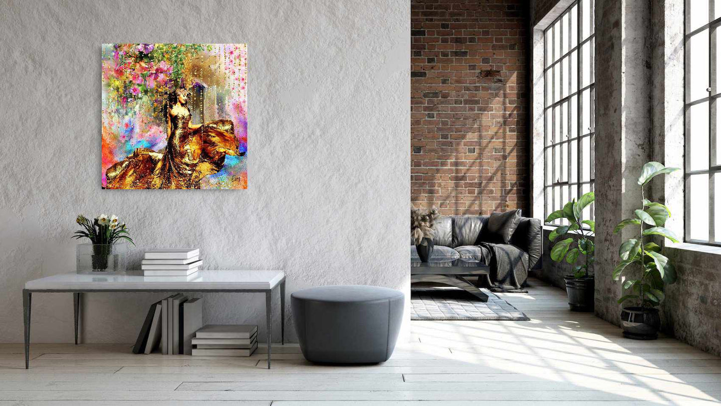 Kunstwerk: Gouden Elegantie in Bloemenpracht – Luxe Acrylprint van Evy's Bloom Art