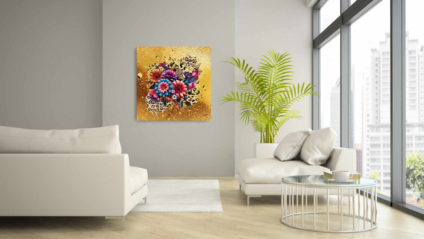 Kunstwerk: 'Bloeiende Safari' Acrylglas Print – Vibrant Floral & Leopard Design "Evy's Bloom Art"