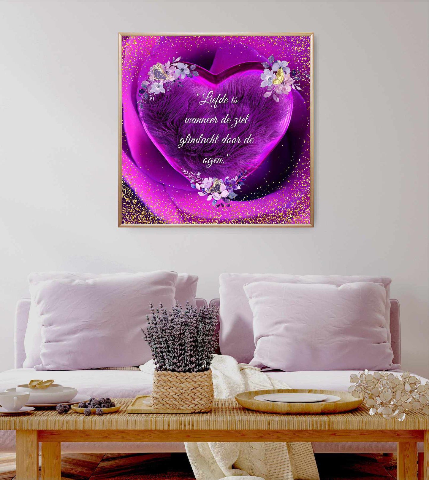 Mounted Framed Poster – 'Liefde is wanneer je ziel glimlacht door de ogen' Evy's Bloom Art