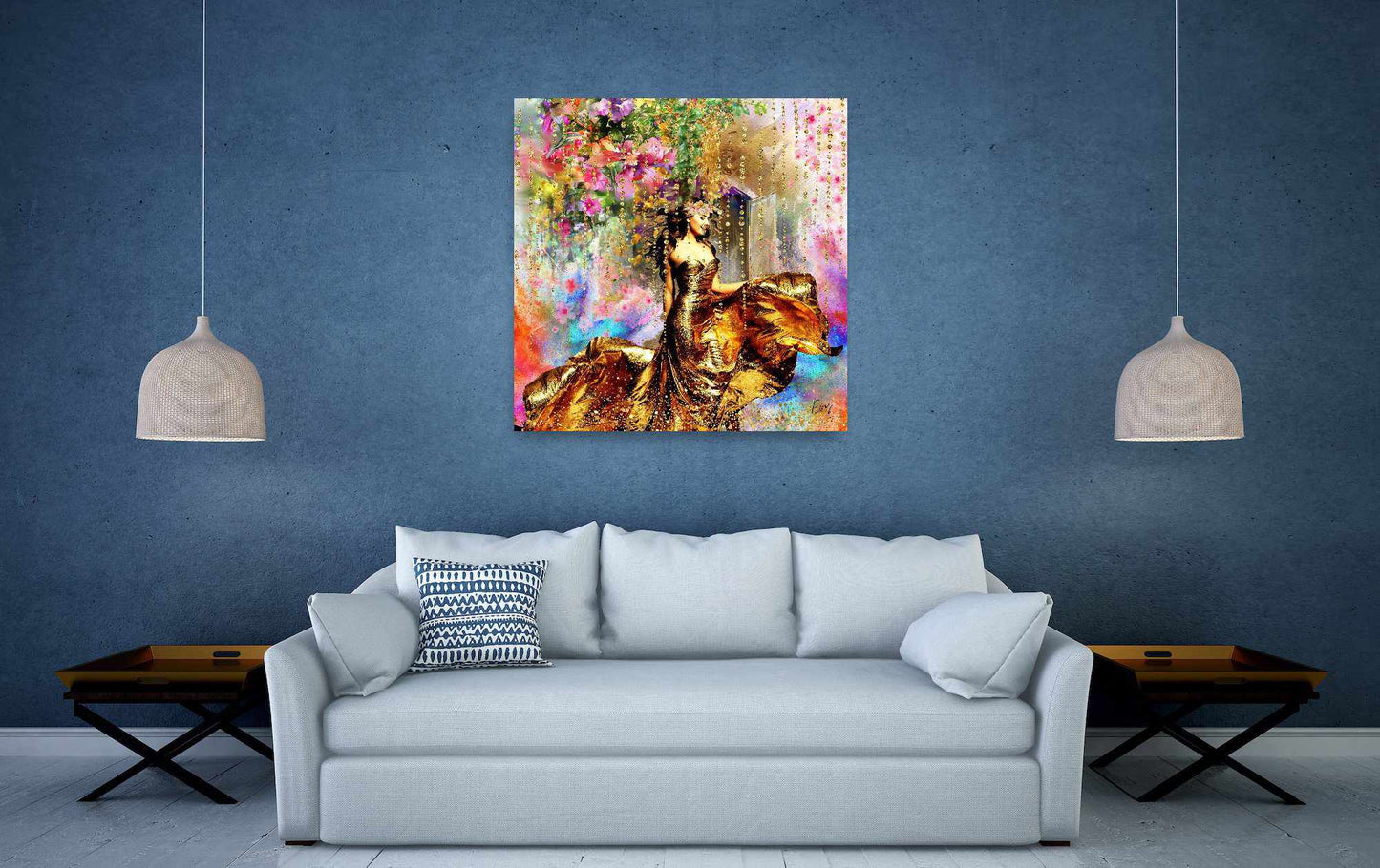 Kunstwerk: Gouden Elegantie in Bloemenpracht – Luxe Acrylprint van Evy's Bloom Art