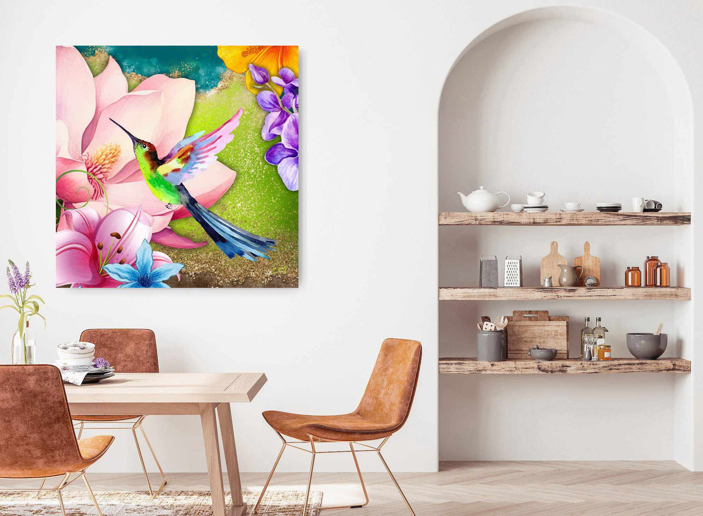 Kunstwerk: Kleurrijke Kolibrie in Bloemenparadijs - Vivid Acrylic Print Art