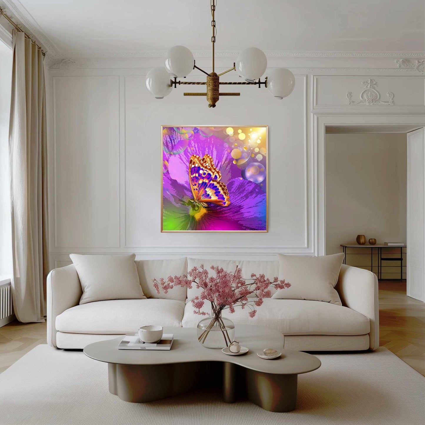 Kunstwerk: "Magische Vlinder op Bloem" Canvasprint Glanzend 3D