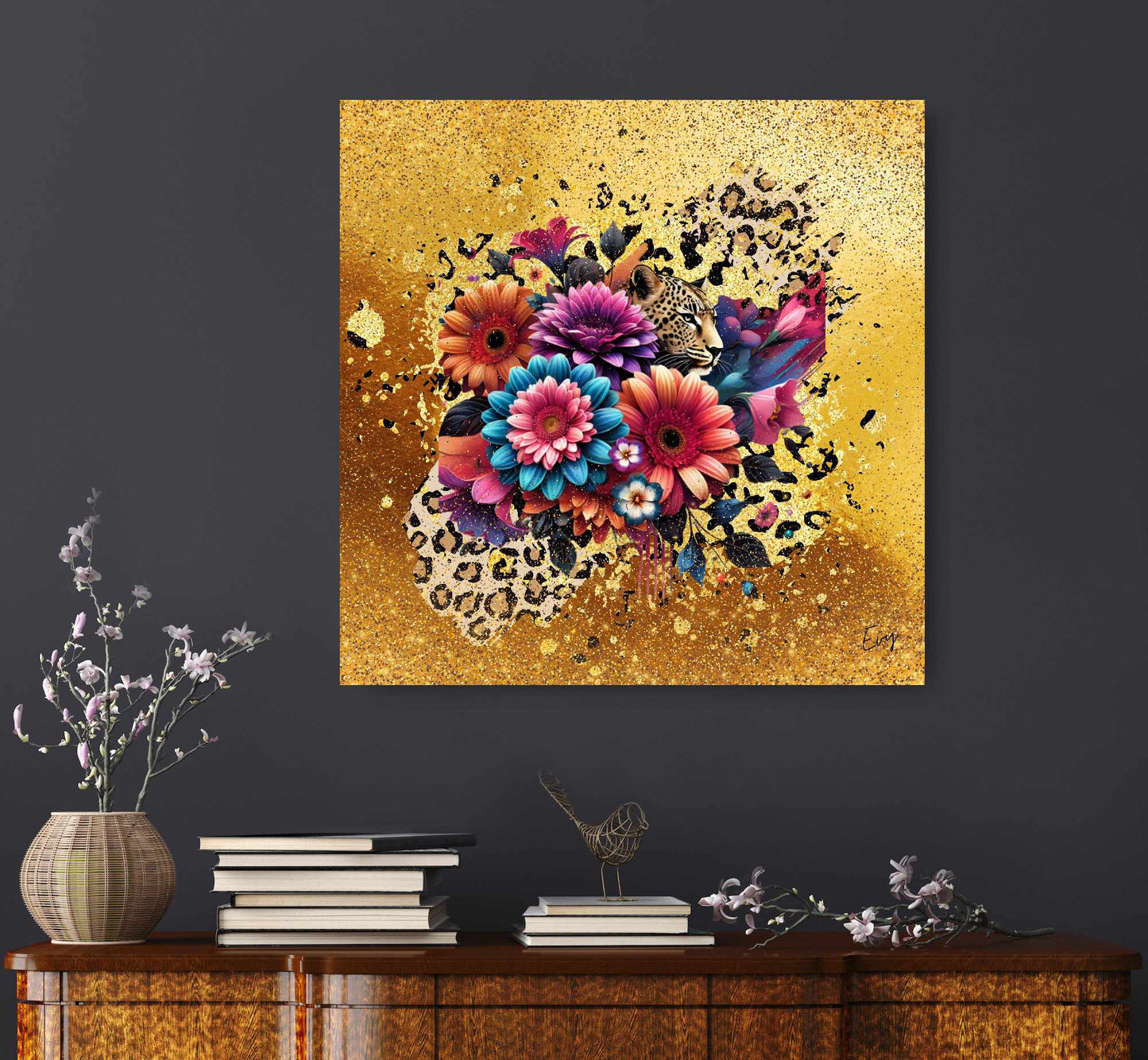 Kunstwerk: 'Bloeiende Safari' Acrylglas Print – Vibrant Floral & Leopard Design "Evy's Bloom Art"