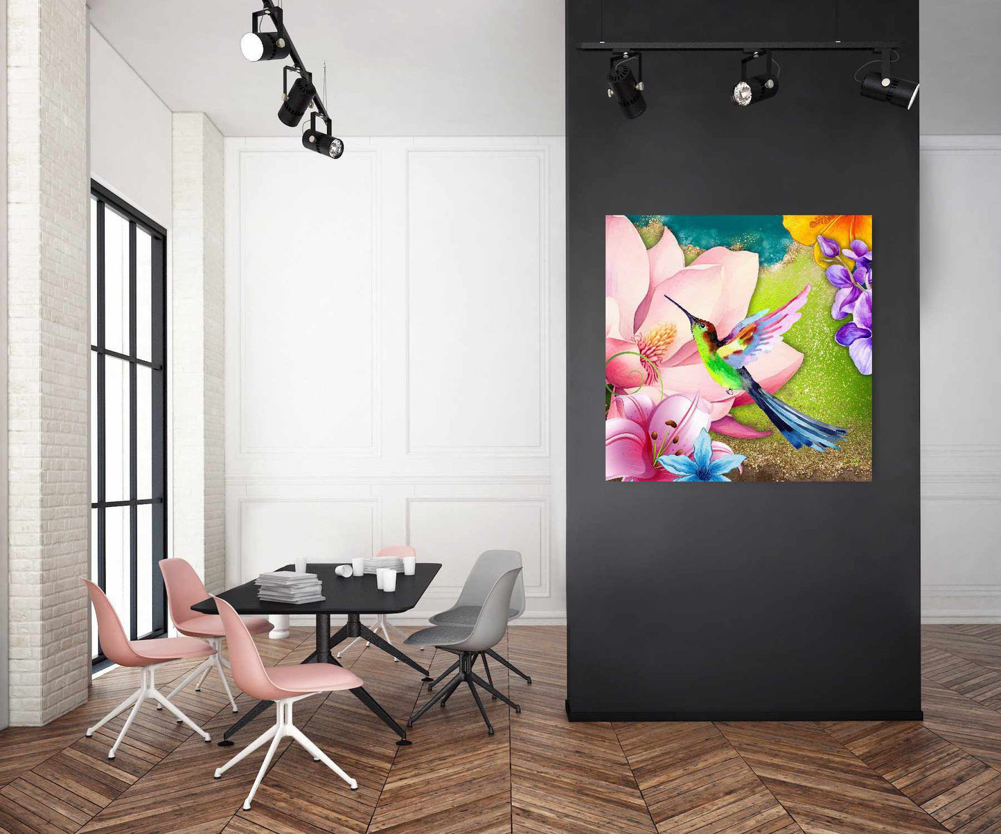 Kunstwerk: Kleurrijke Kolibrie in Bloemenparadijs - Vivid Acrylic Print Art