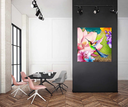 Kunstwerk: Kleurrijke Kolibrie in Bloemenparadijs - Vivid Acrylic Print Art - Evy's Bloom Art