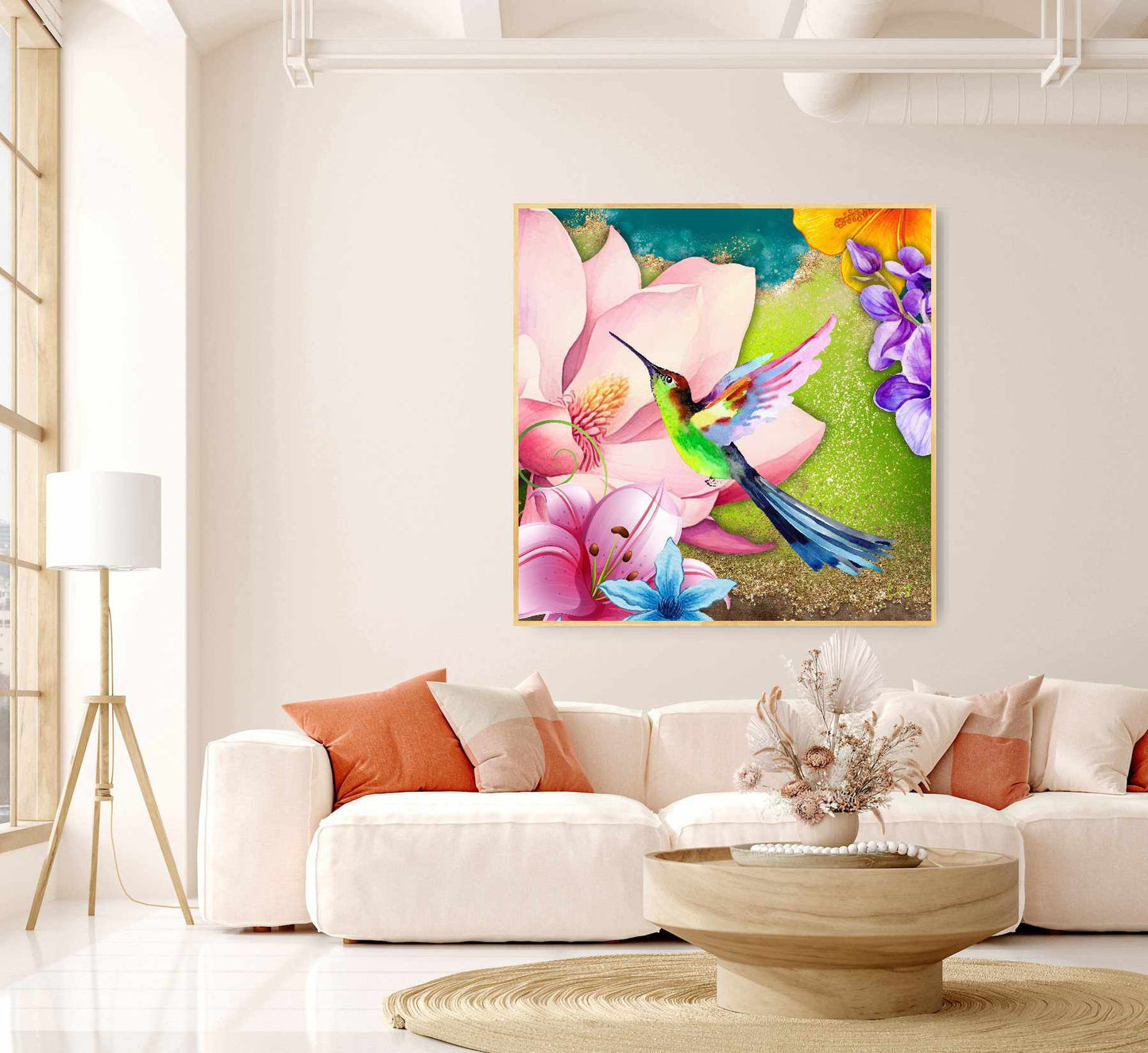 Kunstwerk: Kleurrijke Kolibrie in Bloemenparadijs - Vivid Acrylic Print Art