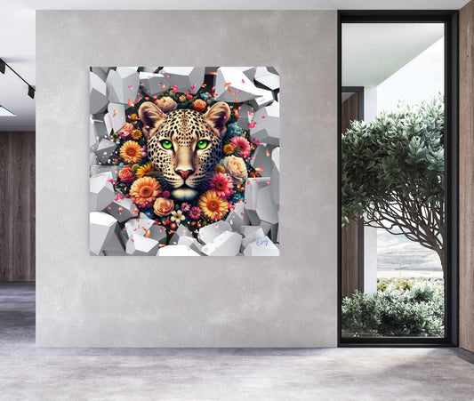 Kunstwerk: Majestic Leopard Acrylic Print - 'Breek uit de wildernis en bloei in volle glorie' - Evy's Bloom Art