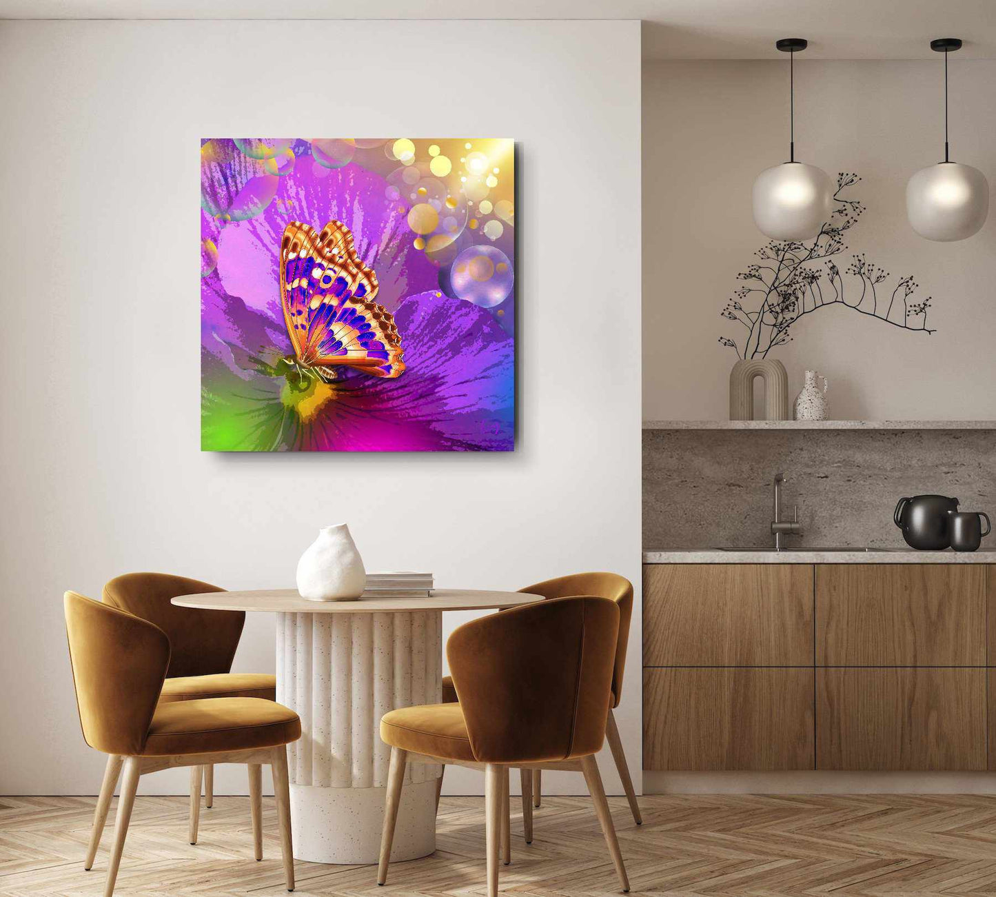 Kunstwerk: "Magische Vlinder op Bloem" Canvasprint Glanzend 3D