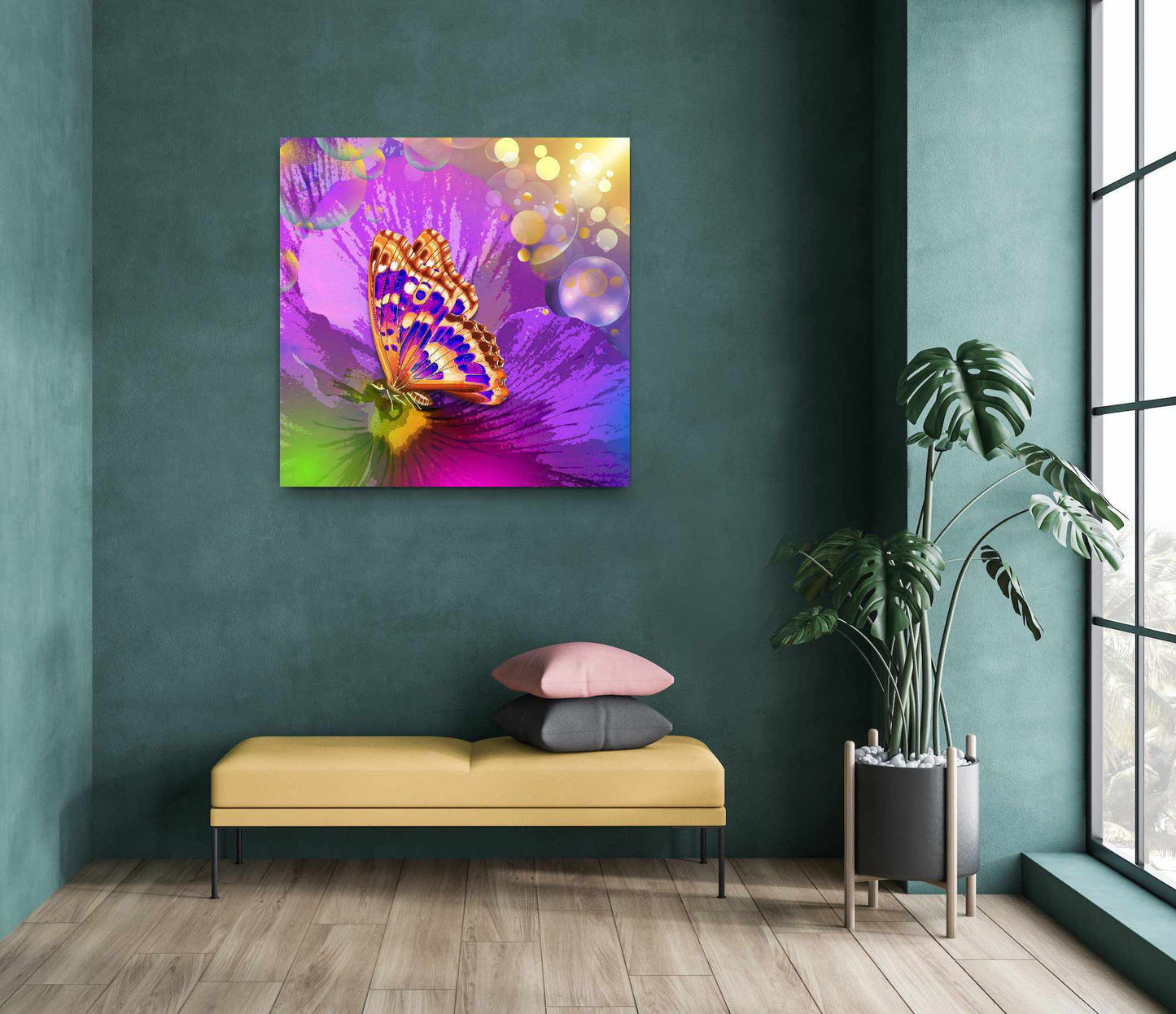 Kunstwerk: "Magische Vlinder op Bloem" Canvasprint Glanzend 3D