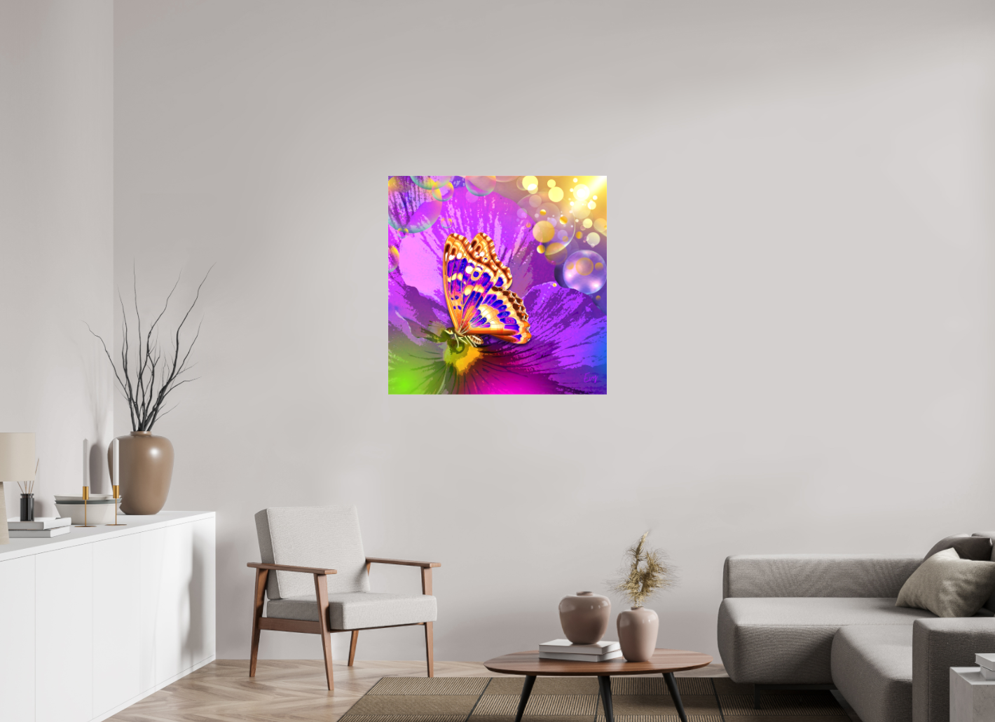 Kunstwerk: "Magische Vlinder op Bloem" Canvasprint Glanzend 3D