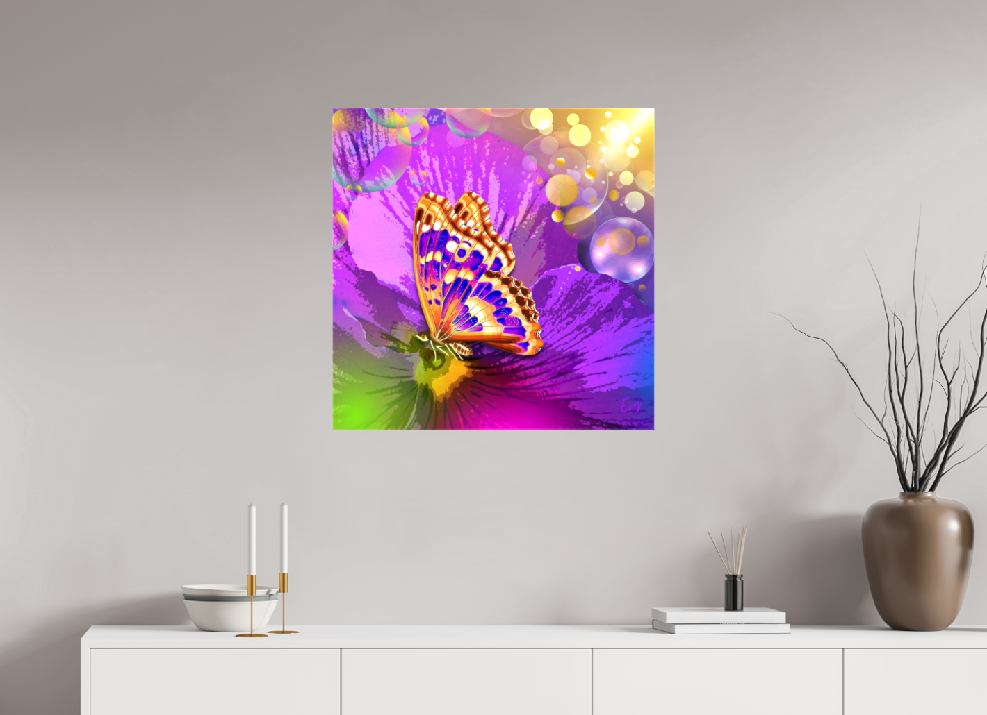 Kunstwerk: "Magische Vlinder op Bloem" Canvasprint Glanzend 3D