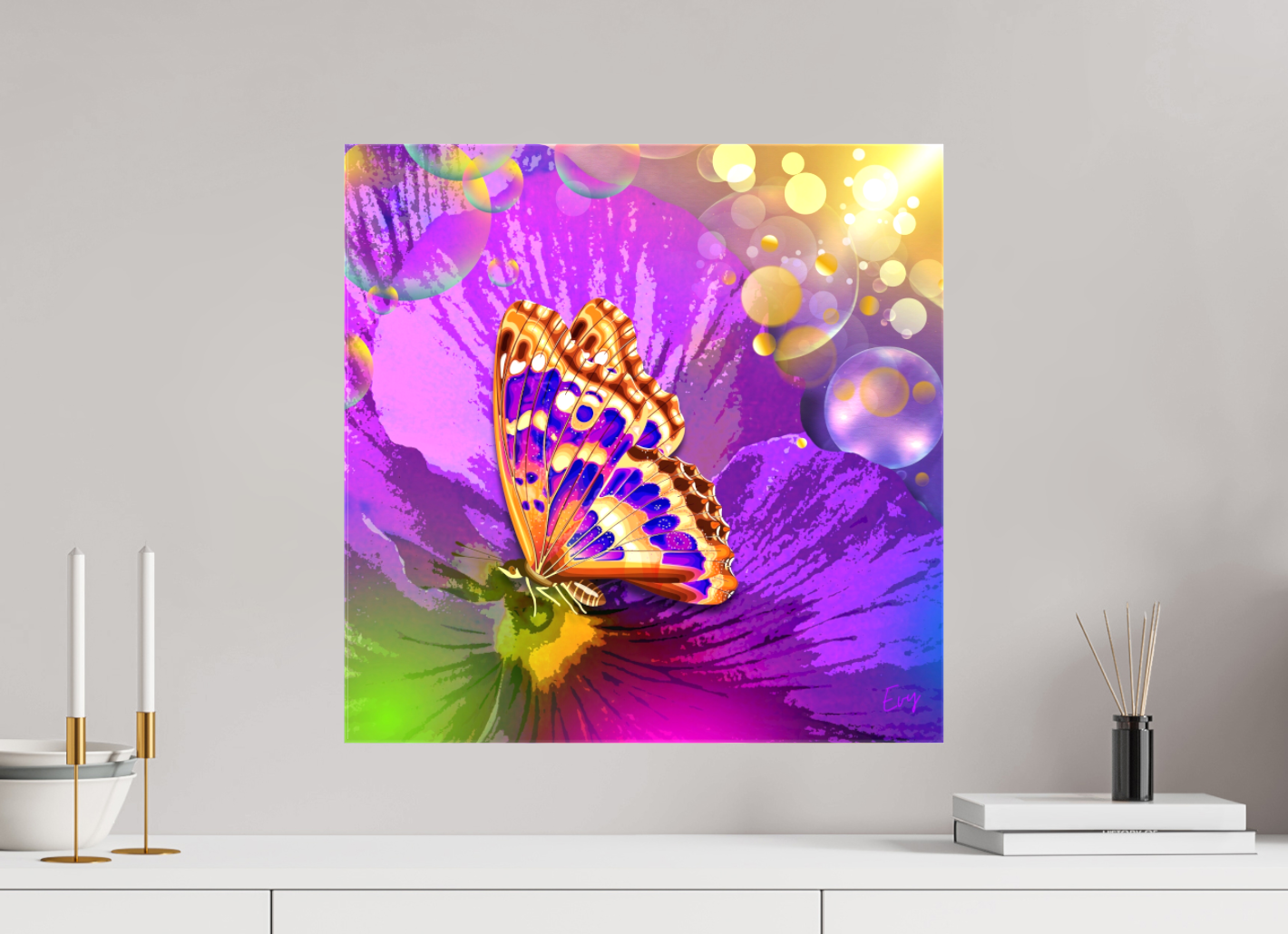 Kunstwerk: "Magische Vlinder op Bloem" Canvasprint Glanzend 3D