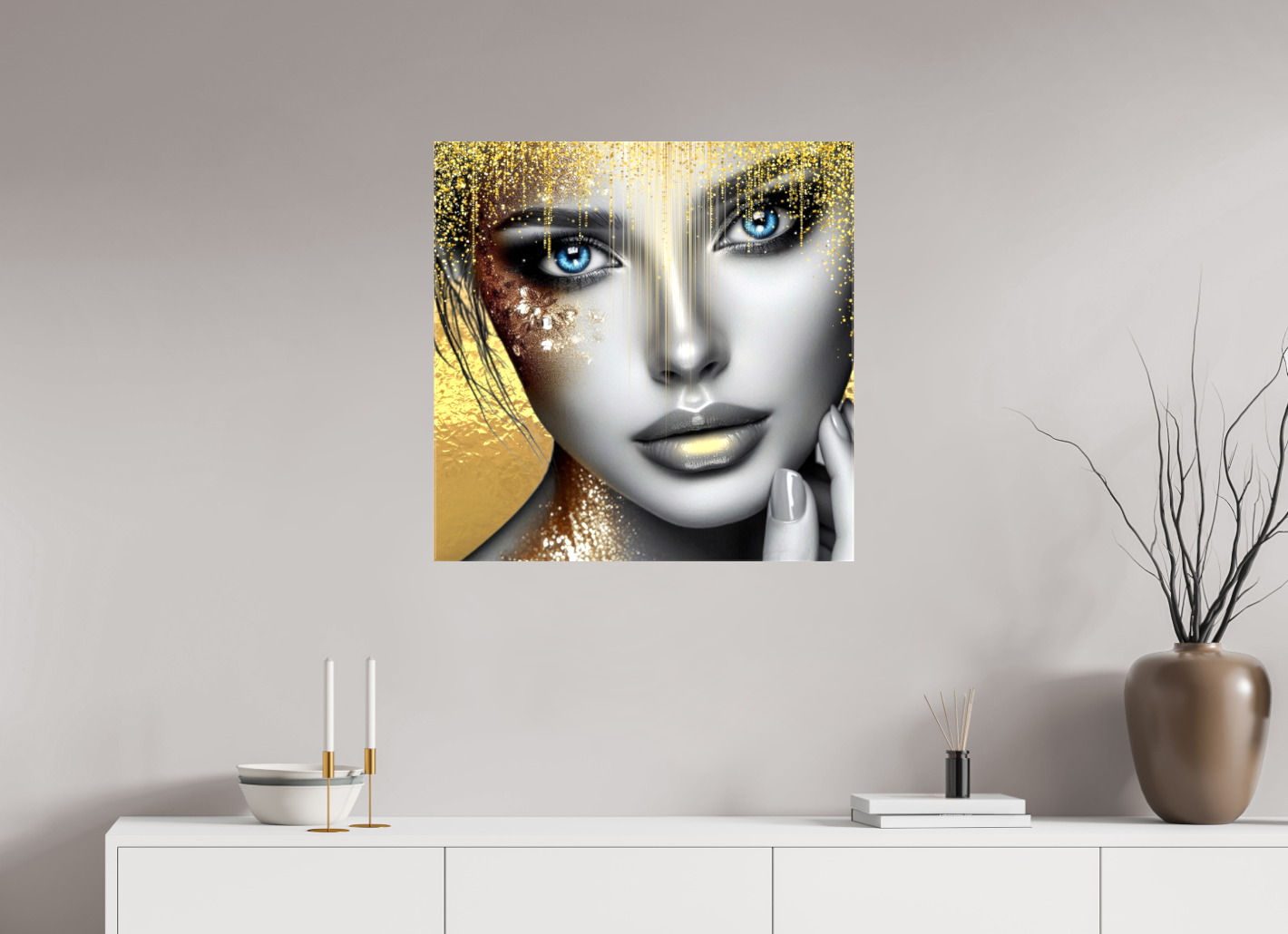Kunstwerk: "Stralende Ogen, Gouden Glorie" Canvasprint Glanzend 3D - Evy's Bloom Art
