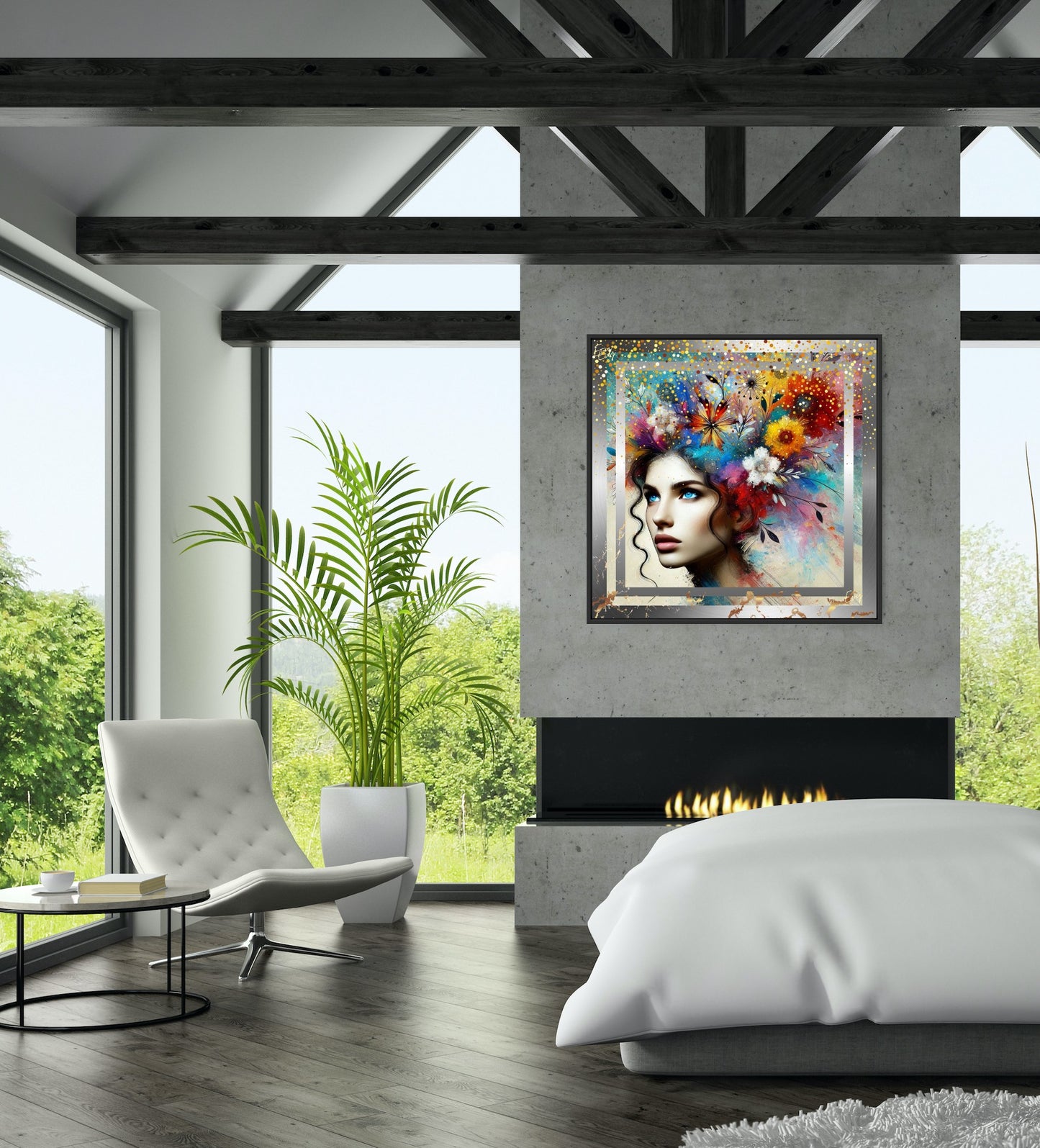 Kunstwerk: Evy's Bloom Art Acrylic Print – Dame met Kleurrijke Bloemenhoofd Design