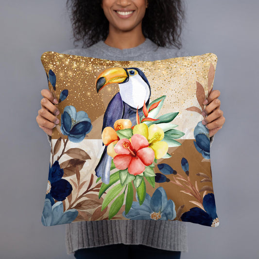 Sierkussens: "Tropische Elegantie - Luxe Boho Kussen met Vogel en Bloemen" - Evy's Bloom Art