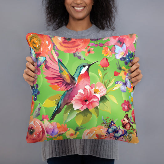 Sierkussens: "Kleurrijke Boho Charme - Kussen met Vogel en Bloemen" - Evy's Bloom Art