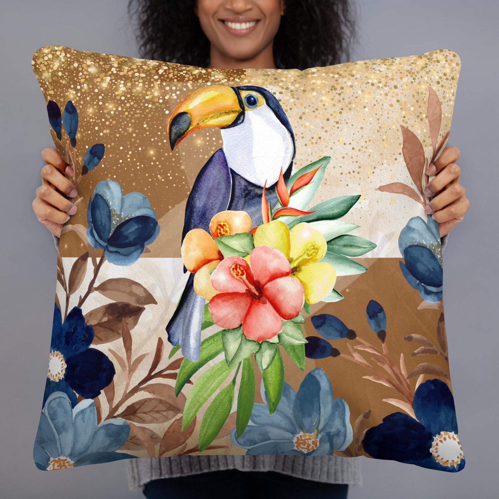 Sierkussens: "Tropische Elegantie - Luxe Boho Kussen met Vogel en Bloemen" - Evy's Bloom Art