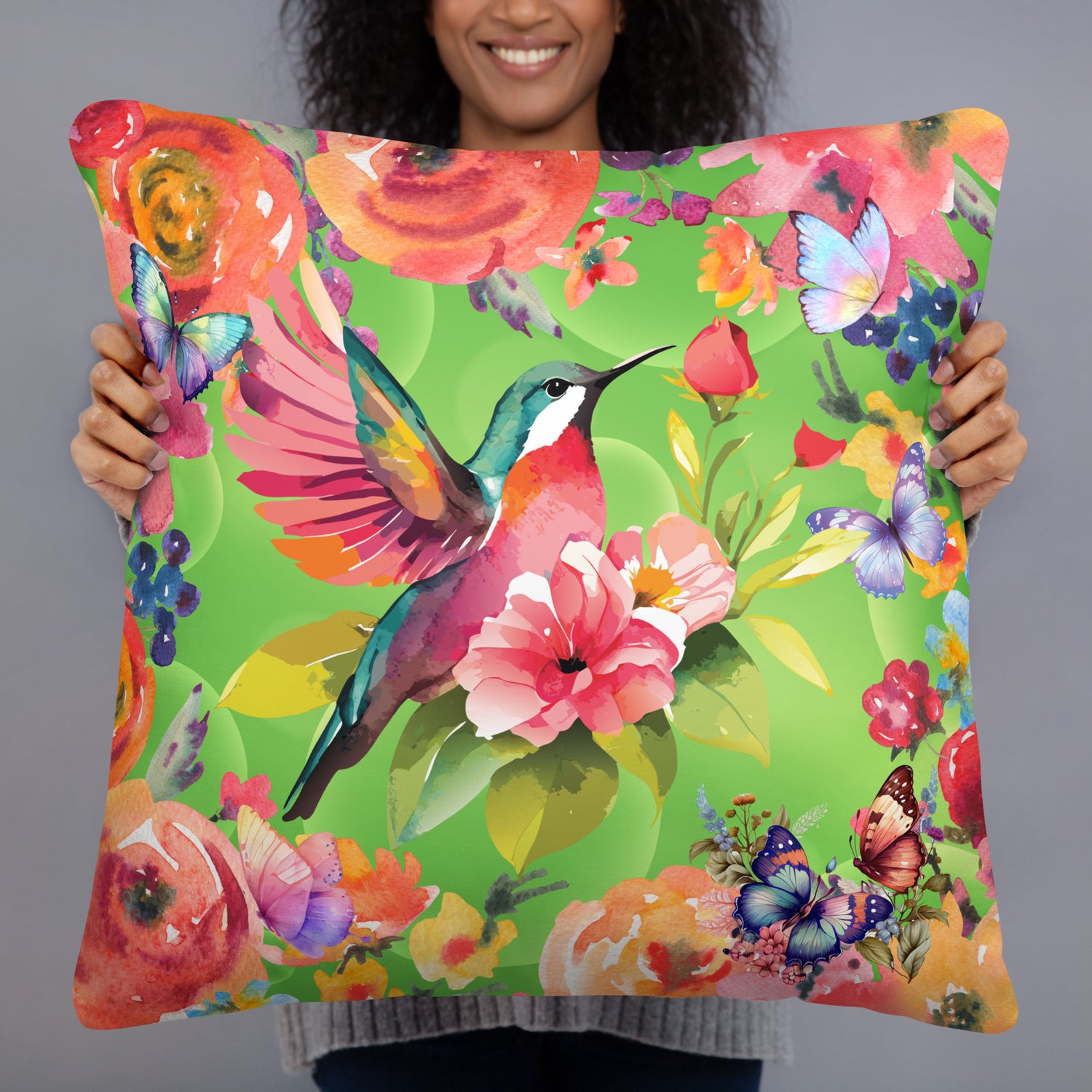 Sierkussens: "Kleurrijke Boho Charme - Kussen met Vogel en Bloemen" - Evy's Bloom Art