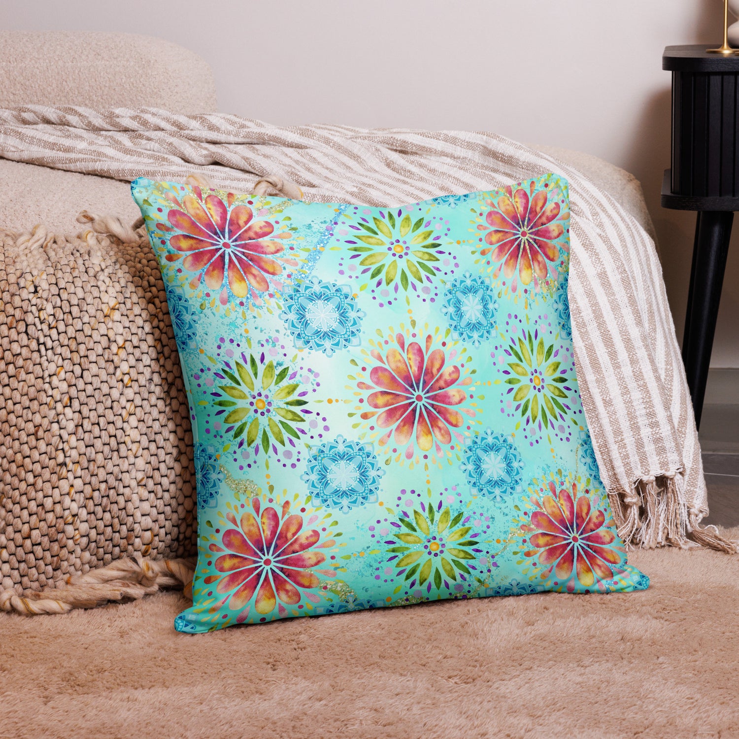 Sierkussens: "Mandala Magie - Boho Stijl Kussen in Turquoise met kleurrijke mandala's - Evy's Bloom Art